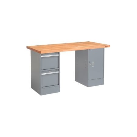 Global Equipment 72 x 30 Pedestal Workbench - 2 Drawers and Cabinet, Maple Square Edge - Gray 319026